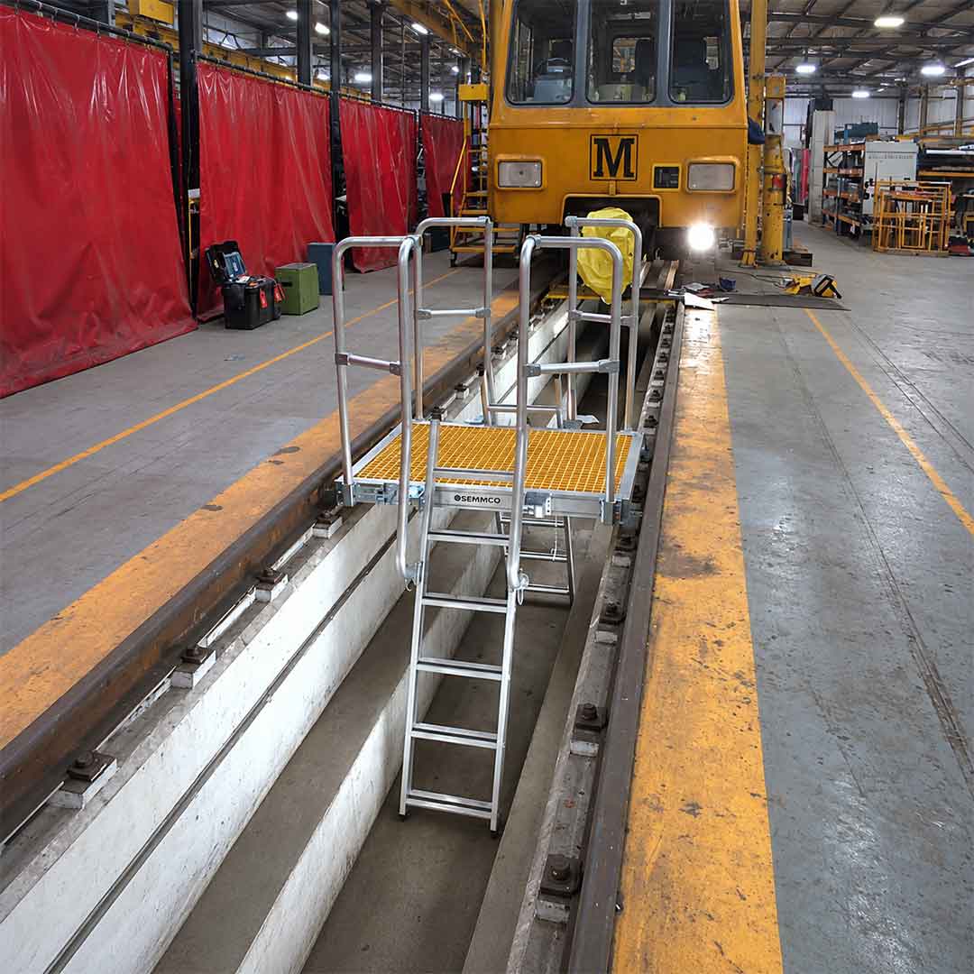 Semmco Handrail with Pit Access Step Ladder for use with Semmco Pit Boards – front view