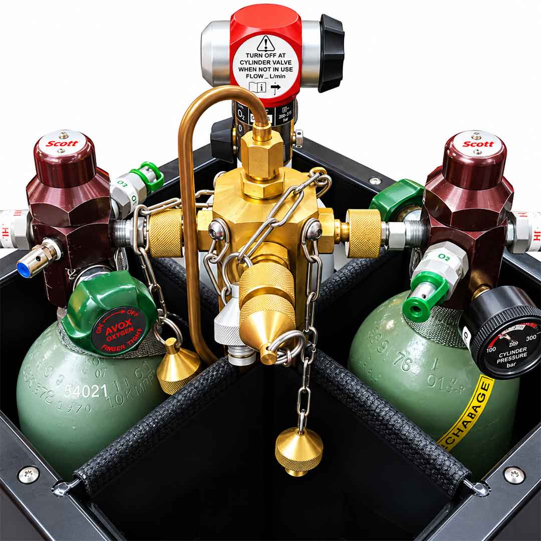 Oxygen Charging Rig - Therapy Cylinder (4 x Sabre Elite) Charging points & manifold with relief valve